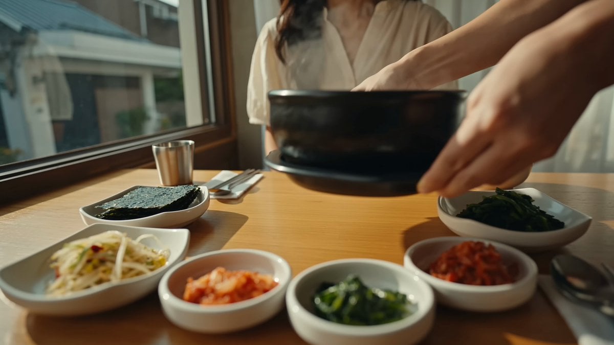 열린 창가에서 먹는 김치찌개 점심