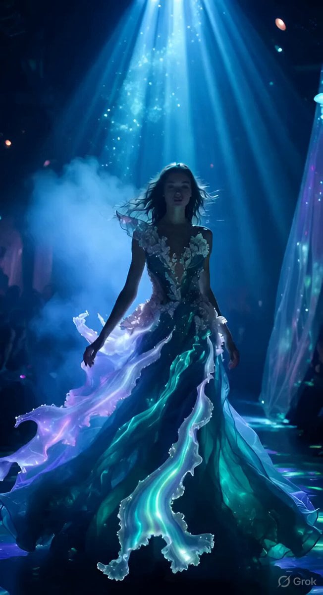 Vestido oceânico ilumina a passarela