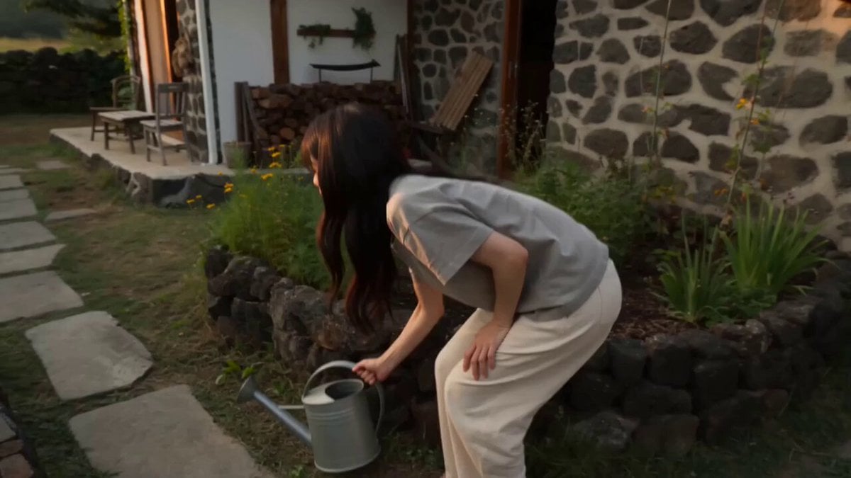 시골 오두막 정원에서 꽃에 물 주기
