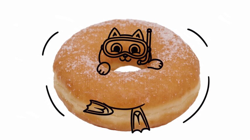 シュノーケル猫がドーナツの浮き輪を食べる
