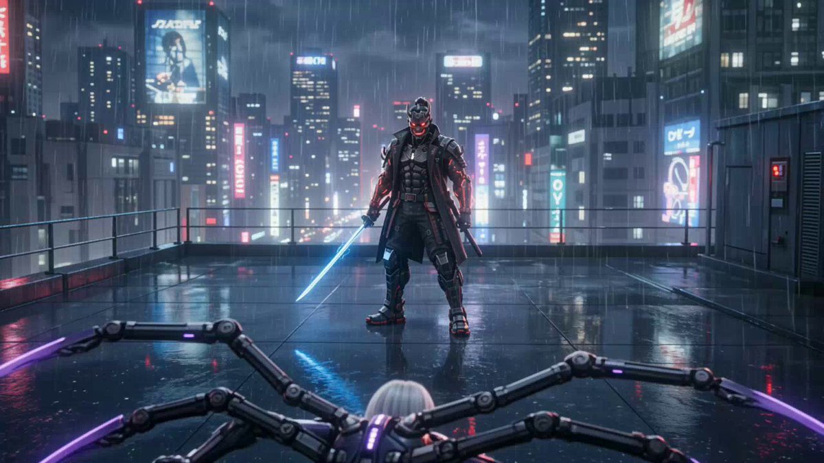 Cyber-Samurai gegen Android auf dem Neondach