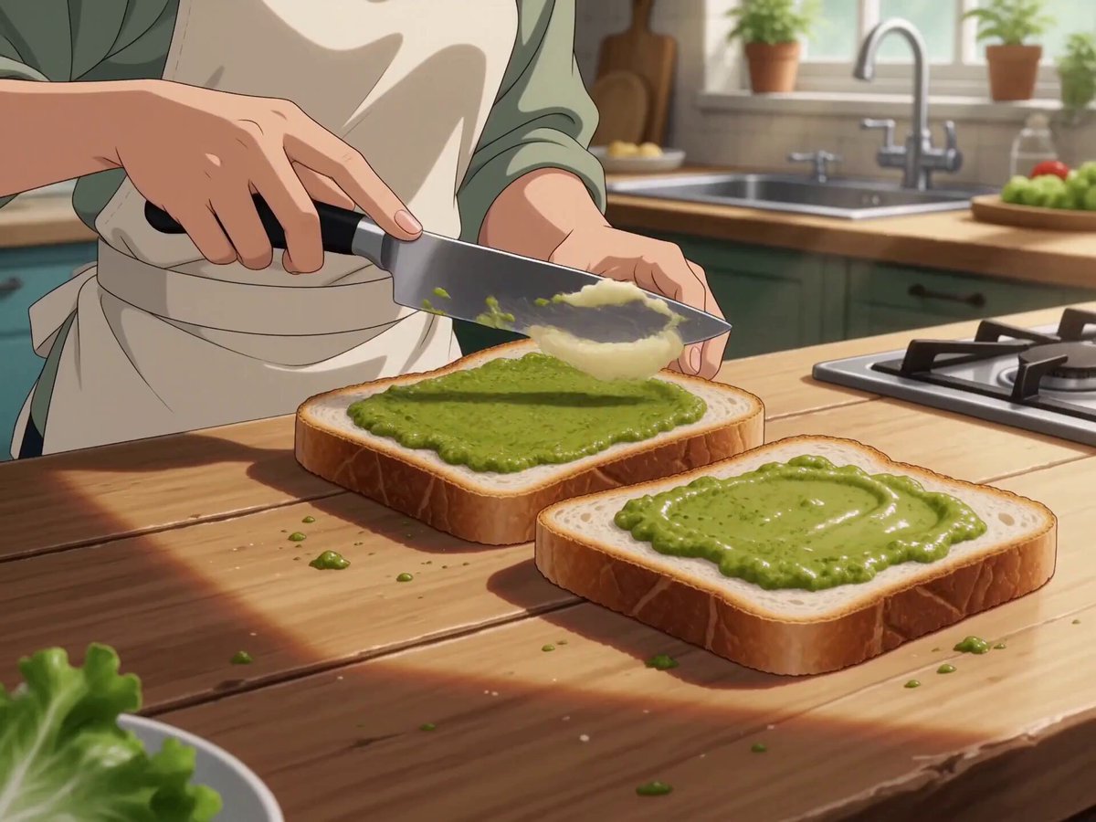 Anime-Köchin baut ein Hähnchensandwich