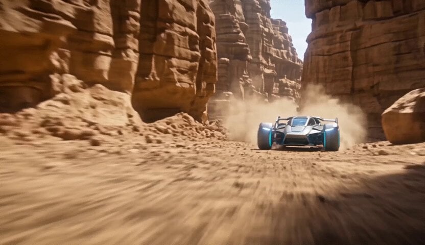 Ein Rennwagen entkommt dem Canyon-Einsturz