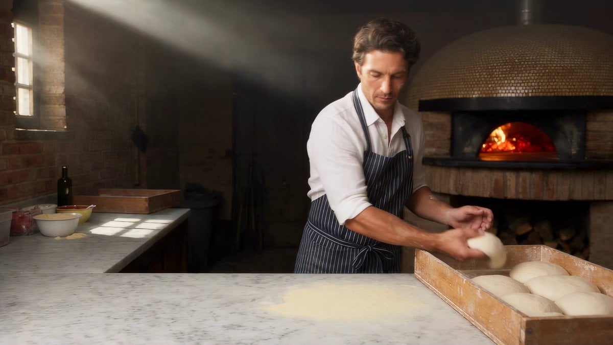 Donato gira pizza junto al horno