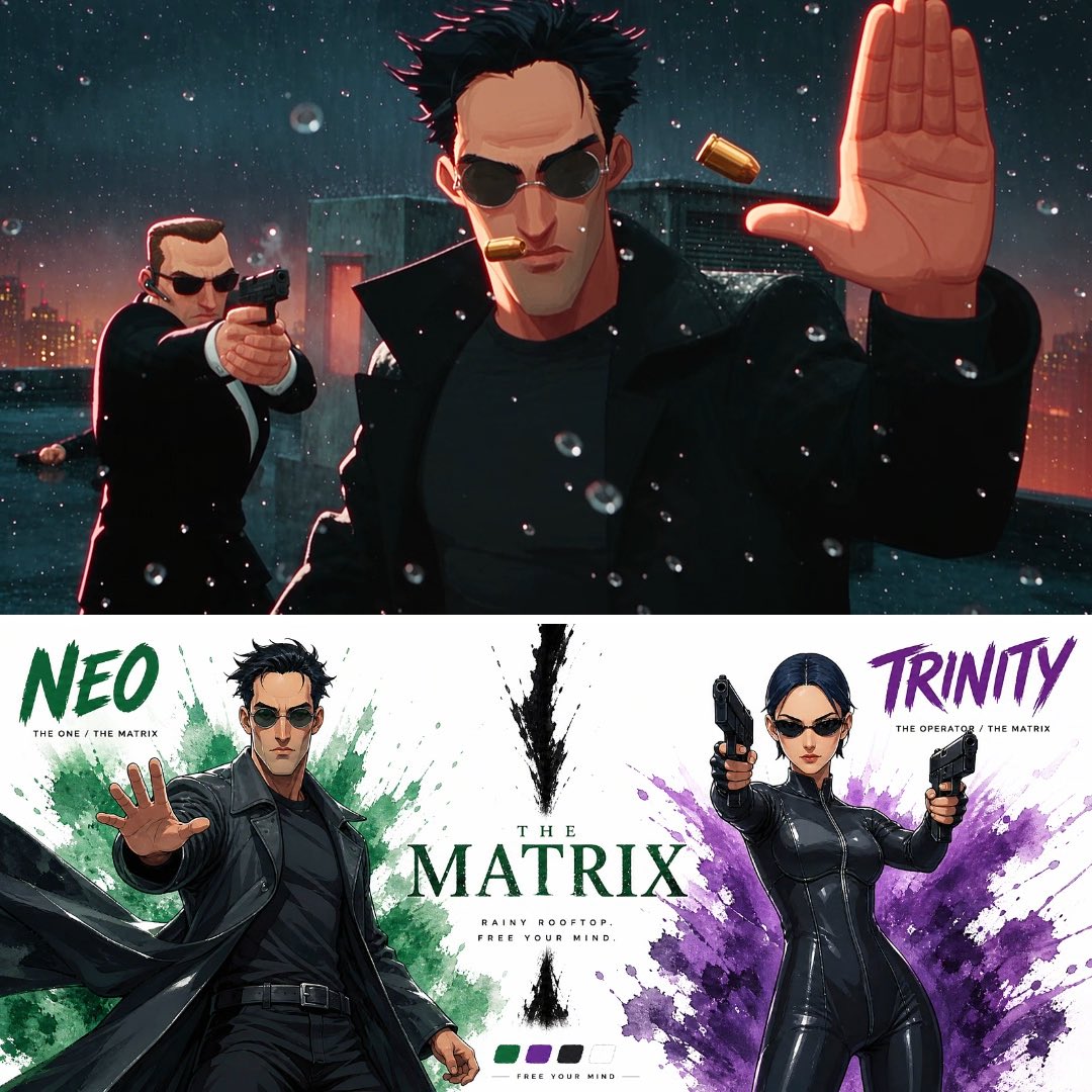Neo and Trinity Fight on a Rainy Rooftop