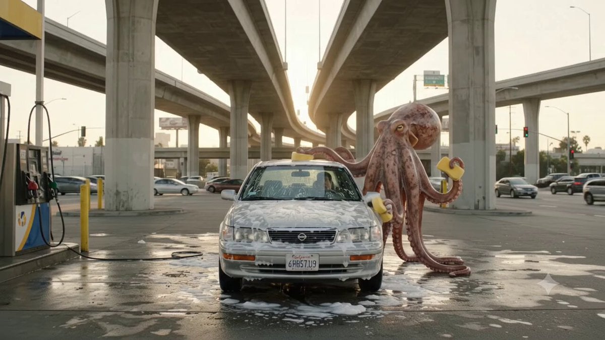 Un polpo gigante lava una berlina