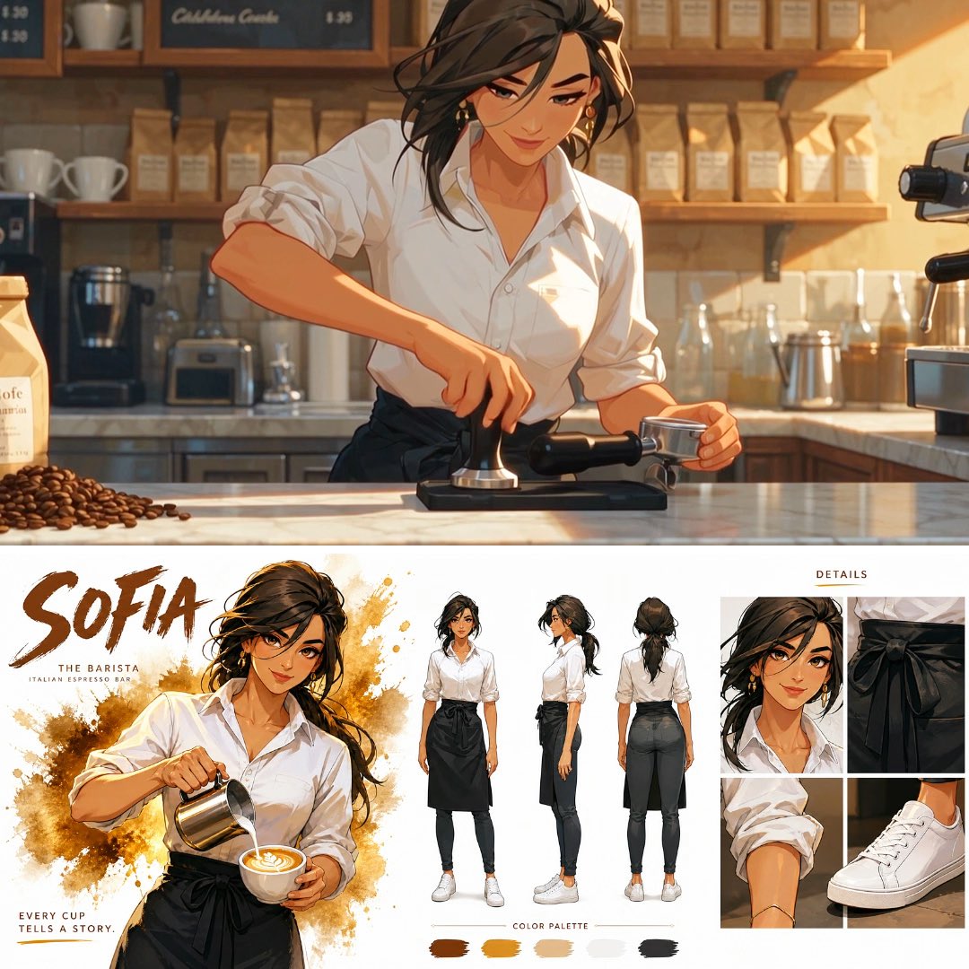 Anime-Barista gießt ein Latte-Blatt