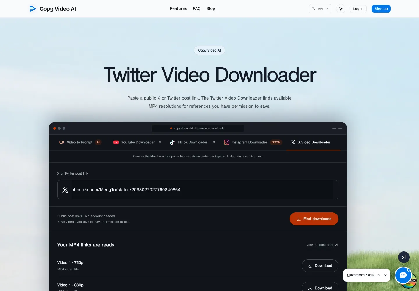 Interfaz real de Copy Video con una URL pública de X y opciones MP4 separadas de 720p y 360p