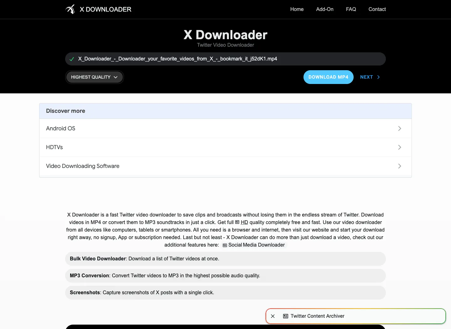 Pantalla real de resultados de X Downloader con nombre de archivo, selector de calidad y acción Download MP4