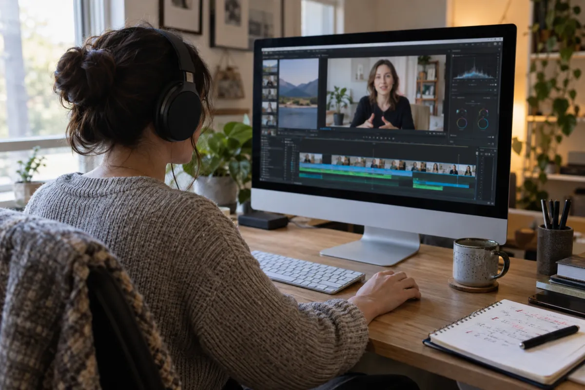 Video editor wearing headphones to review a talking-head video and caption timeline
