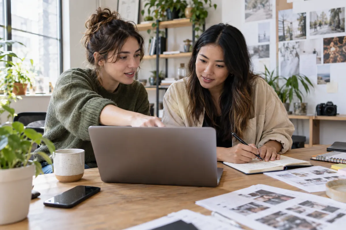 Two content researchers reviewing a video and annotating a campaign brief
