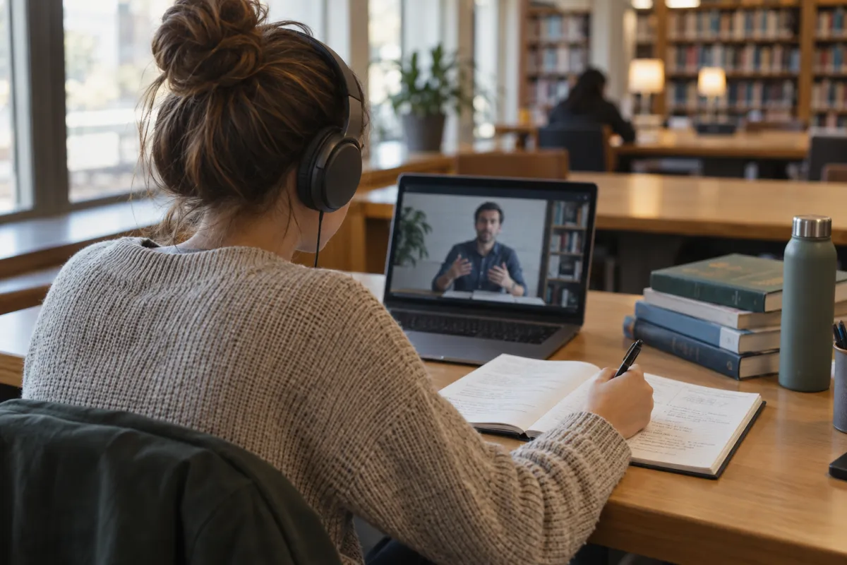 Student listening to a video lesson and writing study notes at a library desk